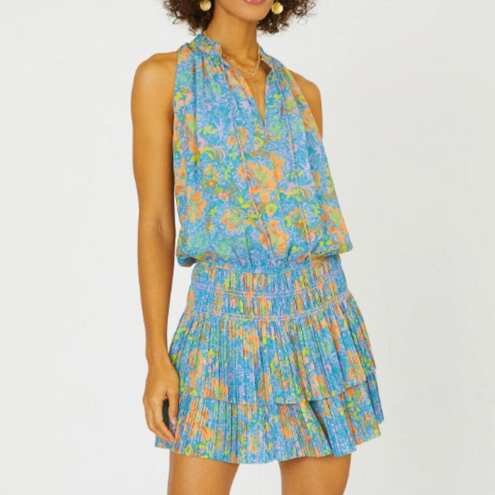 Current Air Blue Floral Mini Dress with Orange Accents
